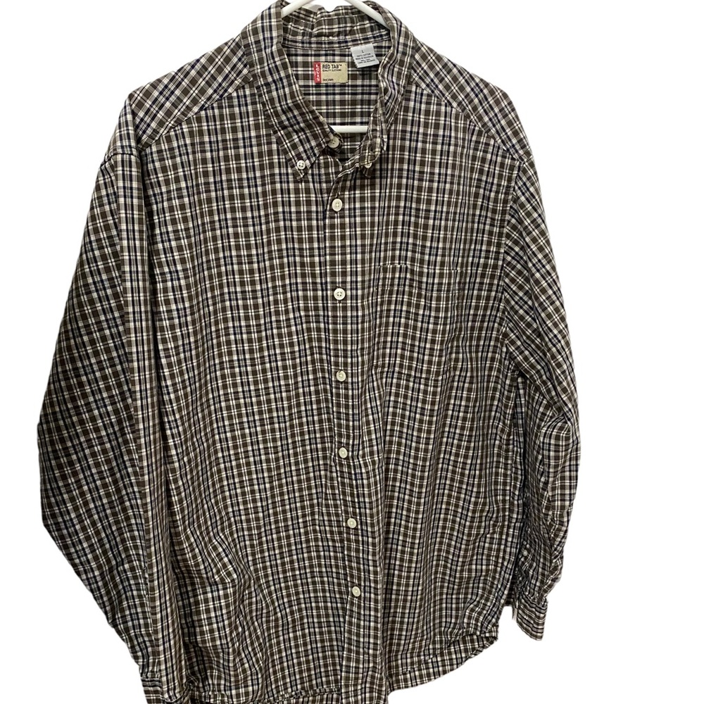 LEVI'S Red Tab Olive Green White Blue Small Plaid Cotton Button Down Shirt L
